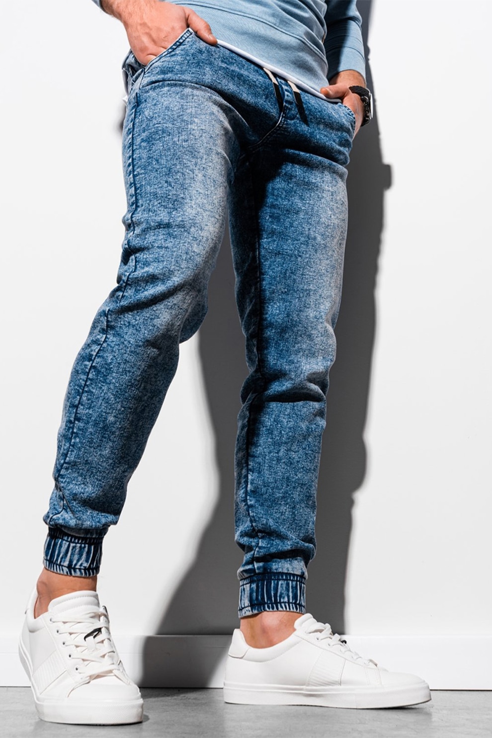 OMBRE, Blugi cu croiala conica si snur de ajustare, Albastru