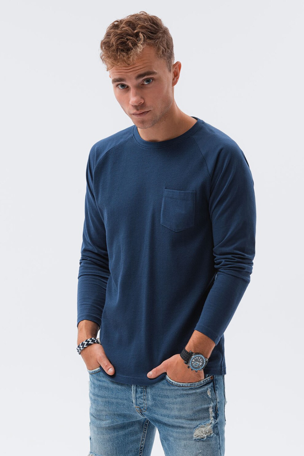 OMBRE, Bluza cu maneci raglan si buzunar aplicat pe piept, Albastru inchis