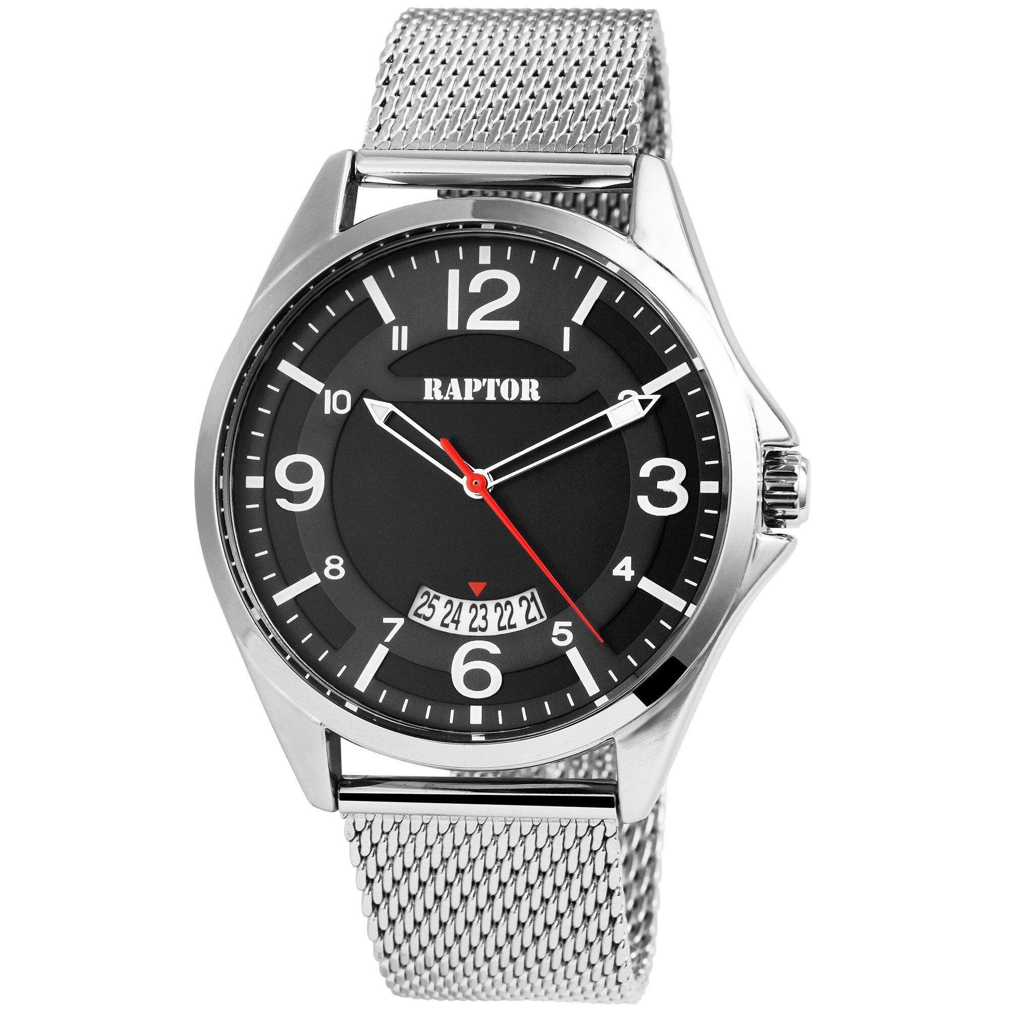 Ceas barbatesc, Raptor, cadran negru, carcasa argintie, data, bratara milanez inox