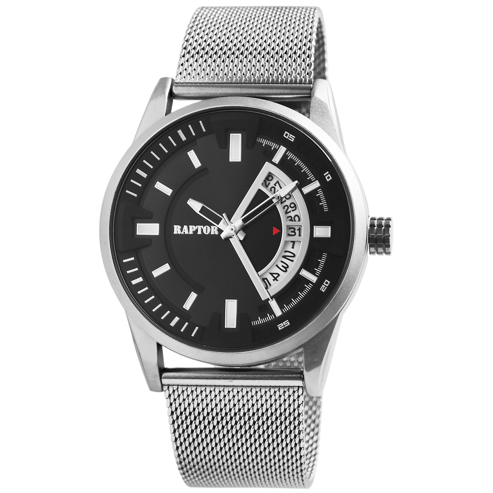 Ceas barbatesc, Raptor, cadran negru, carcasa argintie, bratara milanez inox, data