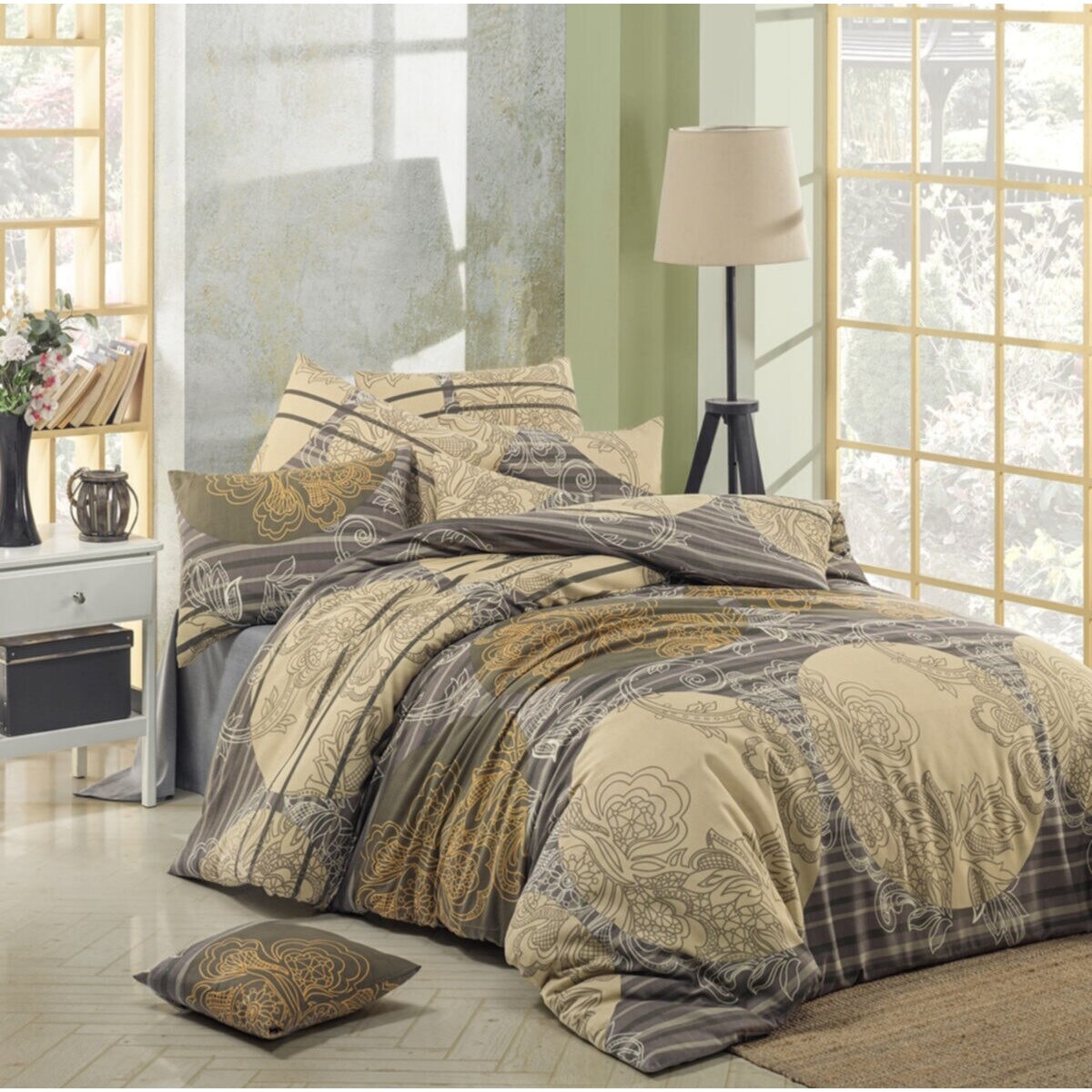 Set Lenjerie de Pat, Love Dolunay Kahve, 4 piese, 2 persoane