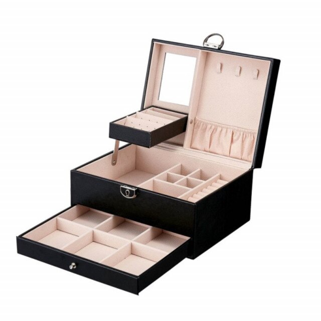 Cutie eleganta de dama Pufo Glamour pentru depozitare si organizare bijuterii si accesorii, model etajat, negru