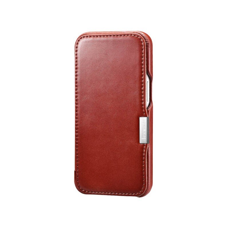 Husa Premium Tip Carte iCarer Metal Clip Vintage Folio, Pentru iPhone 13 Pro, Piele Naturala, Rosu - 9467