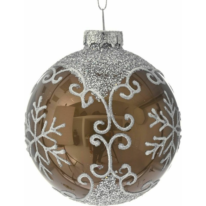 Set 3 globuri din sticla fumurie, decor alb, 8 cm