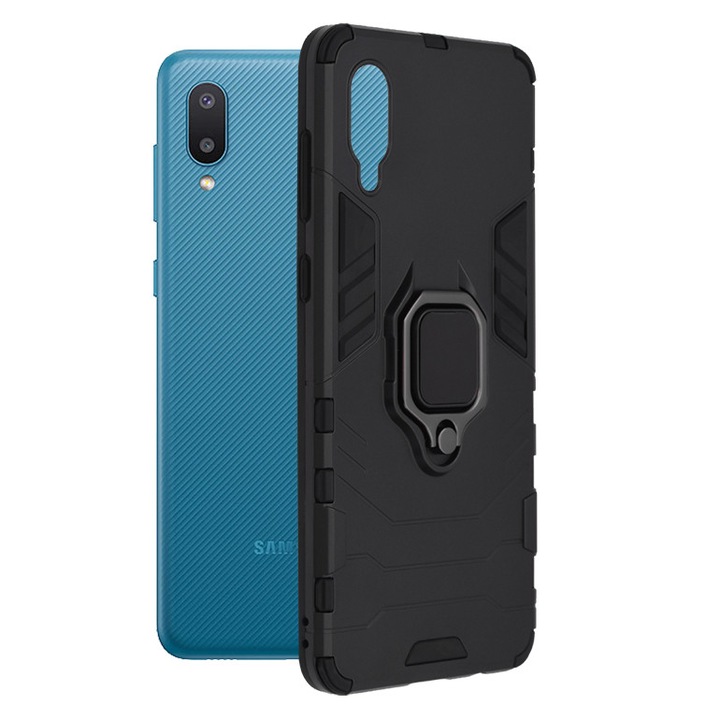 AZIAO Armor Ring tok Samsung Galaxy A02 / M02 készülékhez, Army Shield, Hibrid szerkezet, 360°-os mágneses tartógyűrű, masszív, tartós tok, titán fekete