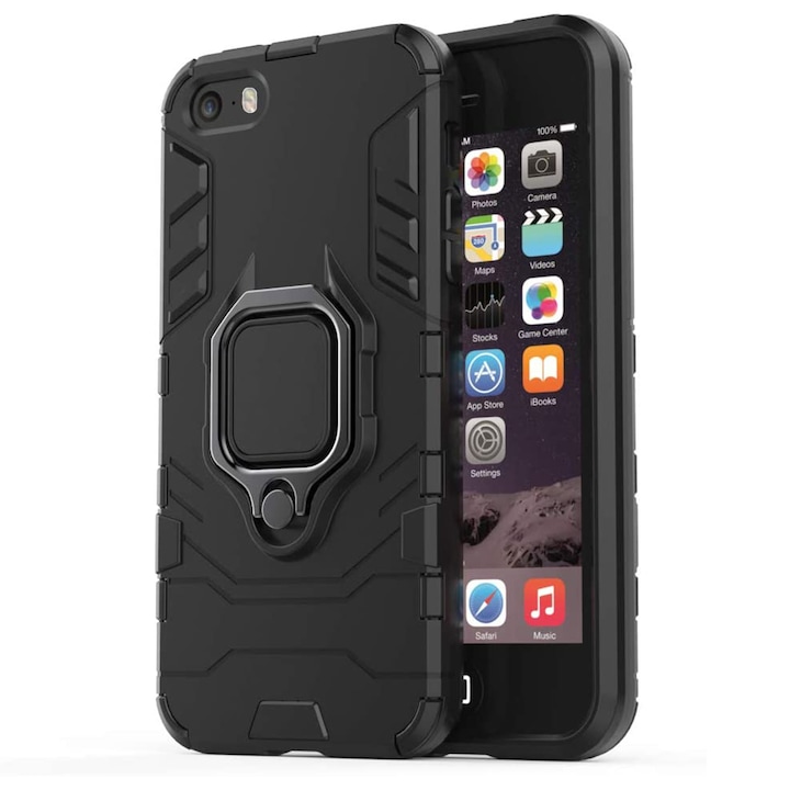 AZIAO Armor Ring tok Apple iPhone 5 / 5s / SE készülékhez, Army Shield, hibrid szerkezet, 360°-os mágneses tartógyűrű, masszív, tartós tok, titán fekete