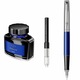 Set Parker Stilou Pix Jotter Royal Blue CT gravat, in cutie duo, cu etui Leather Black, rezerva mina pix Quink Flow Blue, convertor functional, calimara cerneala si punga