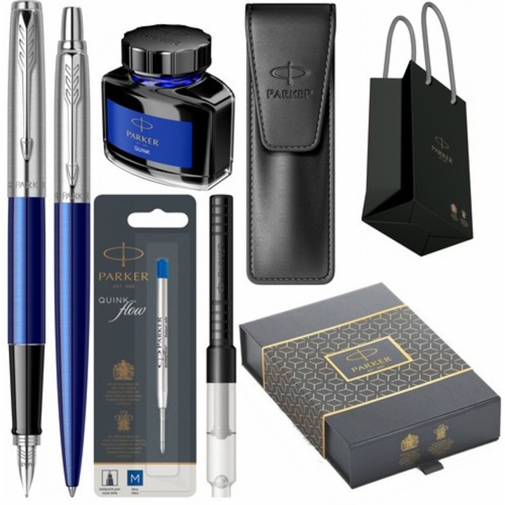 Set Parker Stilou Pix Jotter Royal Blue CT gravat, in cutie duo, cu etui Leather Black, rezerva mina pix Quink Flow Blue, convertor functional, calimara cerneala si punga