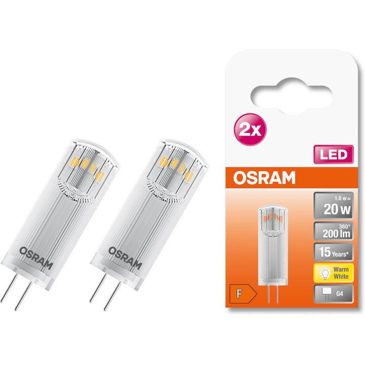 Set 2 becuri LED Osram Star PIN G4, 12 V, 1.8W, 200 lm, lumina calda (2700K), clasa energetica F