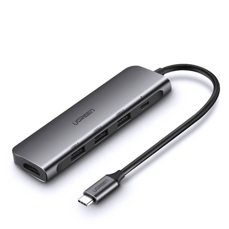 Hub UGREEN, CM136.4 in 1, USB-C la 3 x USB 3.0, HDMI 4Ksi AUX , Viteza 450 MB/s, Carcasa aluminiu, Gri inchis, Cablu 15 cm