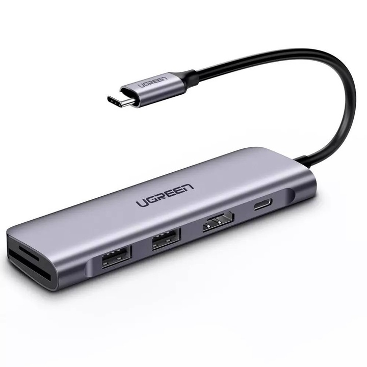 Хъб UGREEN, CM195, 6 в 1, USB-C към 2 x USB 3.0, HDMI 4K, SD/microSD и USB-C PD100W, Скорост 5 GB/s, Алуминиев корпус, Сив