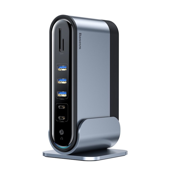 Мултифункционален хъб, Baseus, CAHUB-BG0G, (CN+UK+EU), USB-C до 16 порта, PD 100 W, 4K дисплей, Скорост 5 GB/s, Алуминиев корпус, Сив/Черен