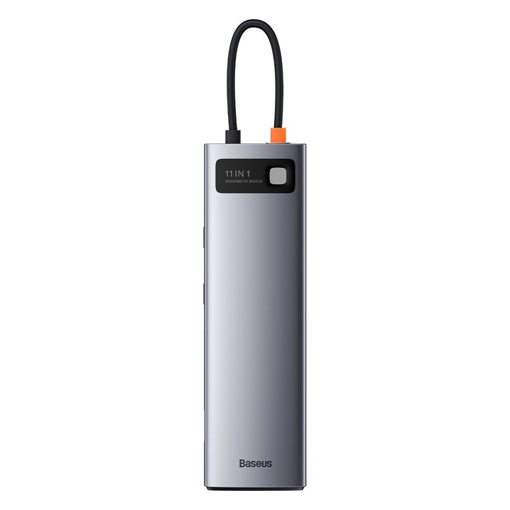 Хъб 11 в 1, Baseus, CAHUB-CT0G, USB-C към 3xUSB 3.0, 2xHDMI, 4K, USB-C PD 100W, RJ45, SD/microSD, VGA и AUX, Алуминиев корпус, Сив