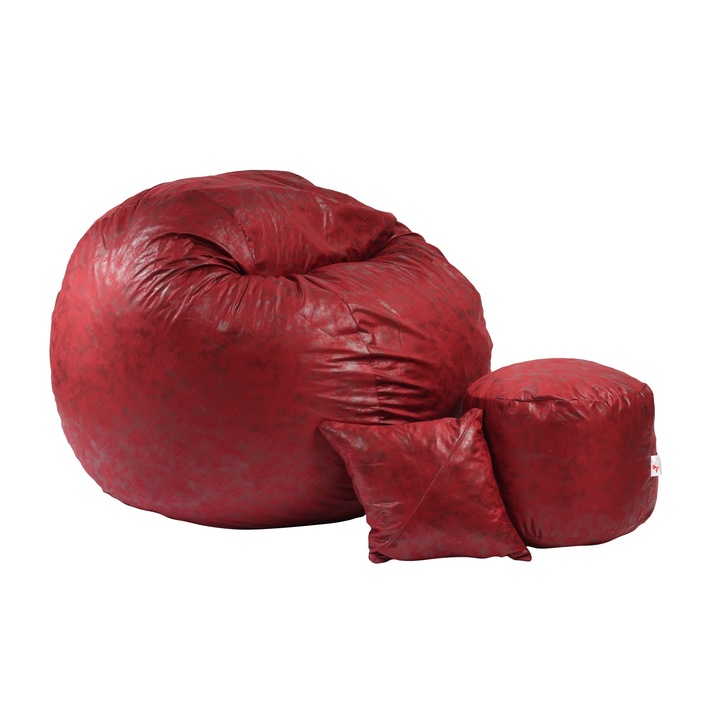 Pufrelax Fotelkészlet, King méretű, ottomán puffal és dekoratív párnával, áfonya szín, Prémium Textil termékcsalád, memóriahabos szivacspehely keverékkel töltve