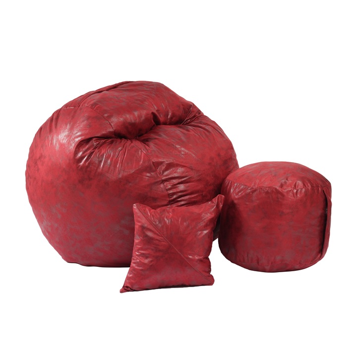 Pufrelax Fotel készlet, Közepes méretű, Matusalem oszmán és dekoratív párna, Prémium textil, Memóriakeverékes szivacspelyhekkel töltve, Vörös