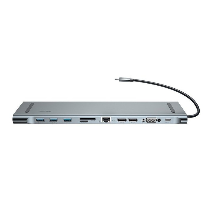 Hub multifunctional, Baseus, 2 x HDMI, 3 x USB 3.0, VGA, 277 x 78 x 17 mm, argintiu