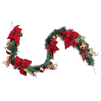 Ghirlanda de Craciun, impodobita cu flori rosii si globulete, verde-rosu, 1.8 m Ghirlanda de Craciun, impodobita cu flori rosii si globulete, verde-rosu, 1.8 m