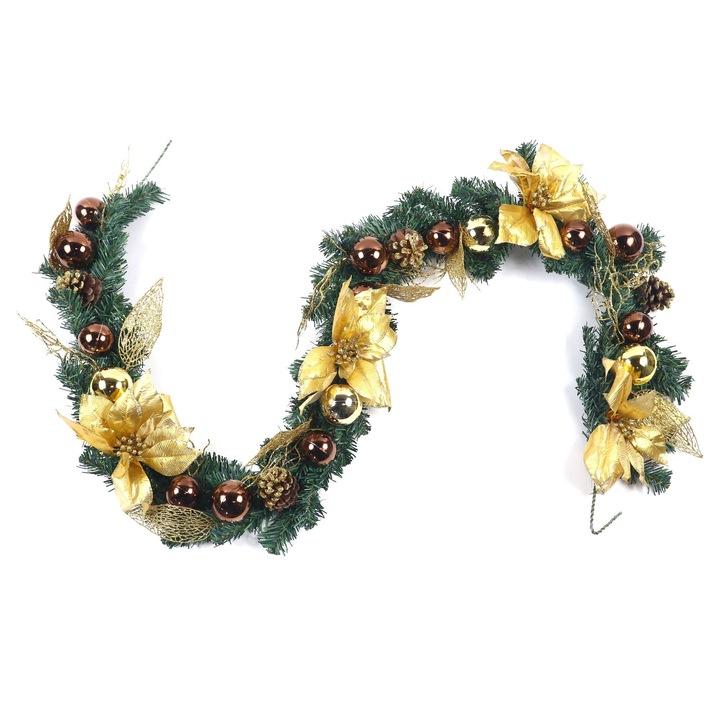Традиционен коледен гирлянд, зелен с кълба, шишарки и златни цветя, 1,8м
