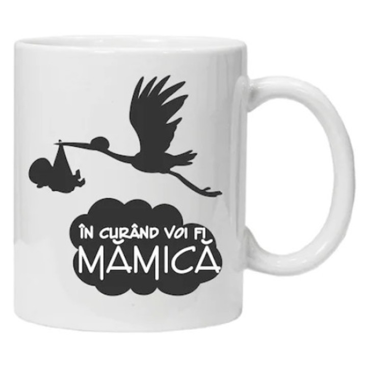Cana ceramica alba personalizata inscriptionata cu textul "mamica in devenire", 330ml