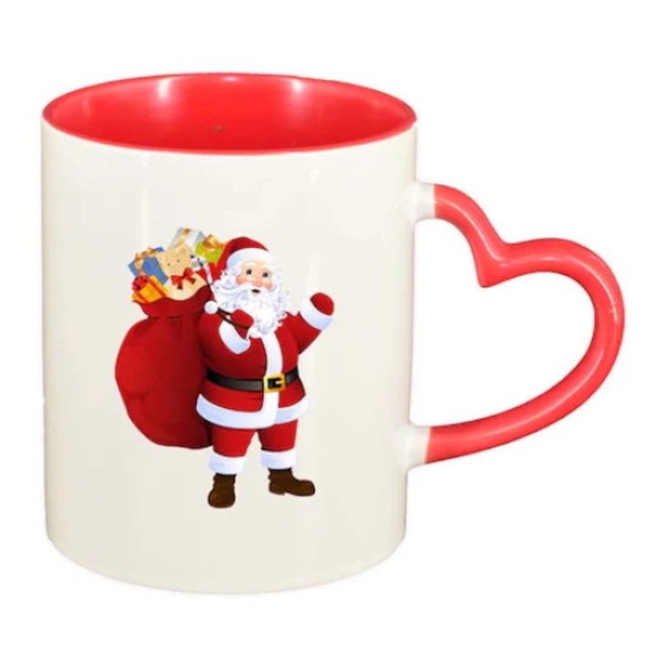 Cana alba cu interior rosu si maner inima, personalizata Mos Craciun