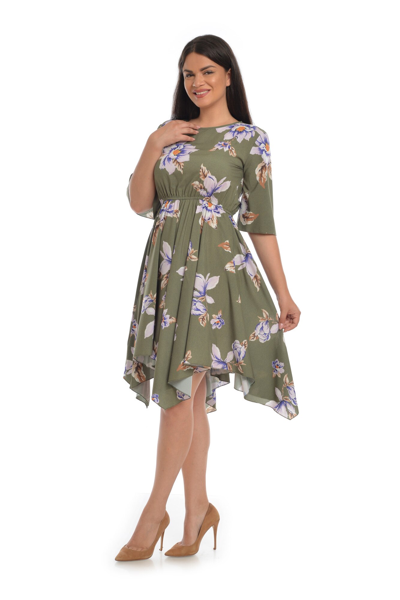 Rochie asimetrica incretita, Dress To Impress, verde-alb