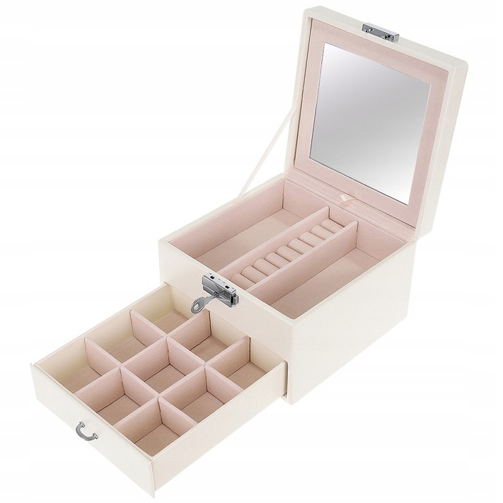 Cutie de bijuterii, Zola®, cu 2 nivele, oglinda, 16x16x11 cm, piele ecologica alba