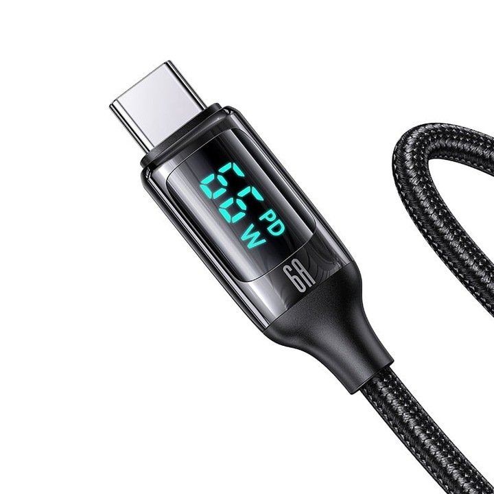 Cablu de incarcare si transfer date, USB A la USB Type-C, PD, 66W, Digital Display, Fast charge, 1.2m lungime, Negru