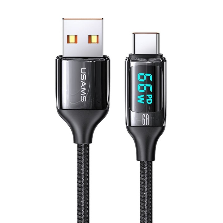 USAMS fonott kábel U78 USB-C 1.2m LED 6A gyors töltés fekete SJ544USB01 (US-SJ544)