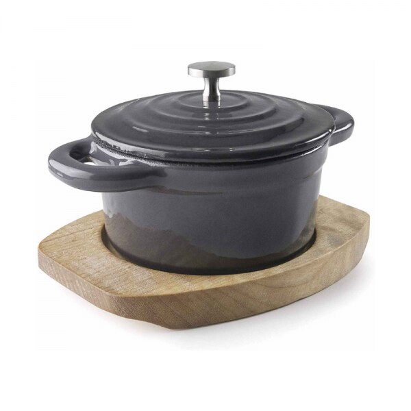 Vas rotund din fonta gri cu capac si suport din lemn, 200 ml