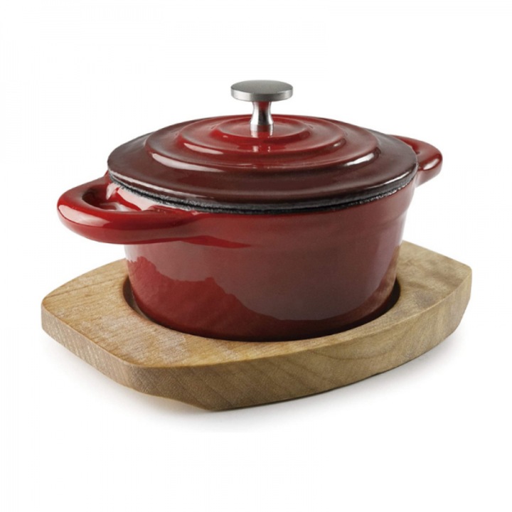 Vas rotund din fonta rosu cu capac si suport din lemn, 200 ml