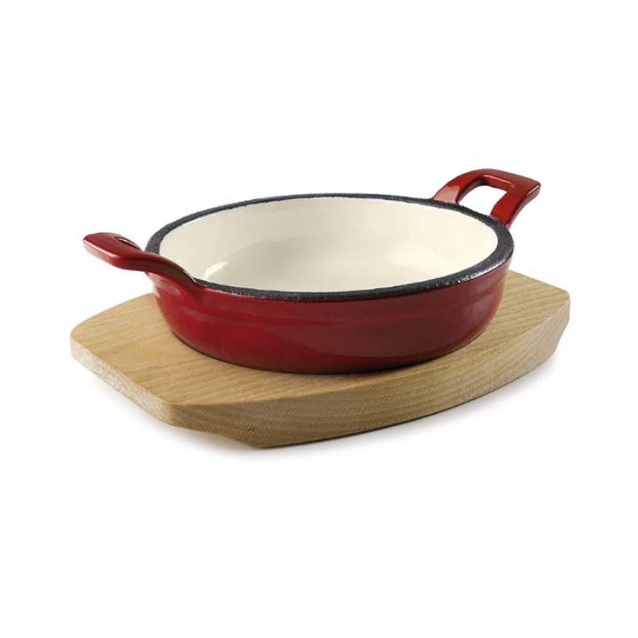 Vas din fonta rotund rosu cu suport din lemn, 200 ml