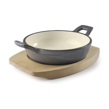 Vas din fonta rotund gri cu suport din lemn, 470 ml Vas din fonta rotund gri cu suport din lemn, 470 ml