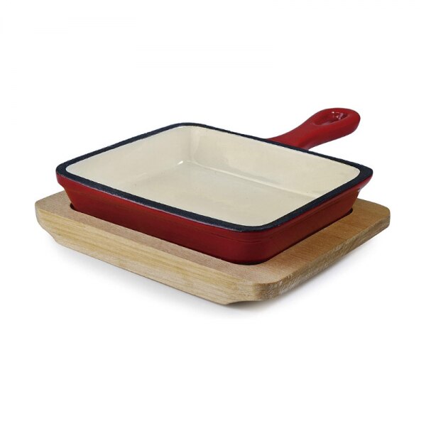 Tigaie din fonta rosie cu maner si suport din lemn, 200 ml