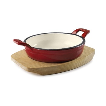 Vas din fonta rotund rosu cu suport din lemn, 720 ml Vas din fonta rotund rosu cu suport din lemn, 720 ml