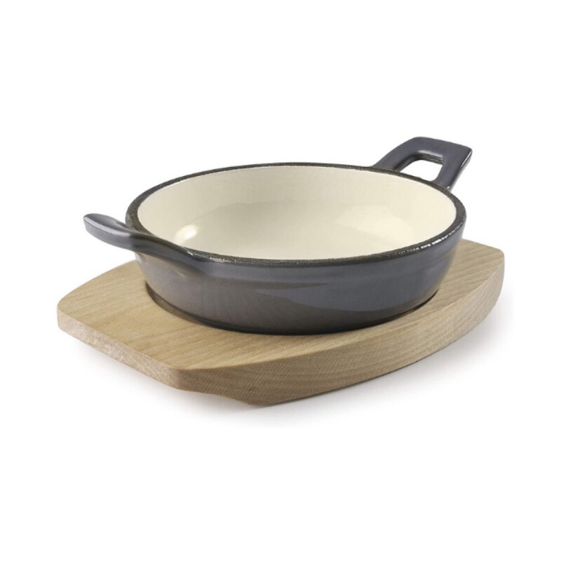 Vas din fonta rotund gri cu suport din lemn, 720 ml