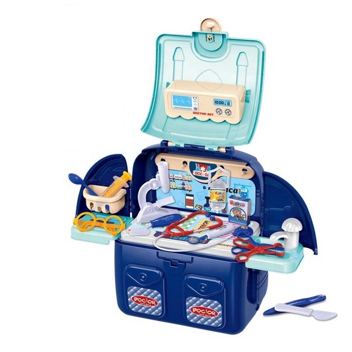Ustensile de jucarie pentru doctor, in ghiozdanel, flacon perfuzie, seringa, spatule, bisturiu si alte accesorii de jucarie, 36,5 x 34 x 13 cm