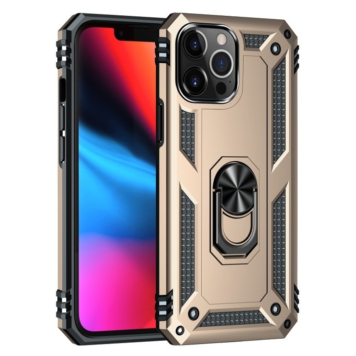 Husa antisoc Hybrid armor cu inel si placuta metalica, compatibila cu iPhone 13 Pro Max / Auriu