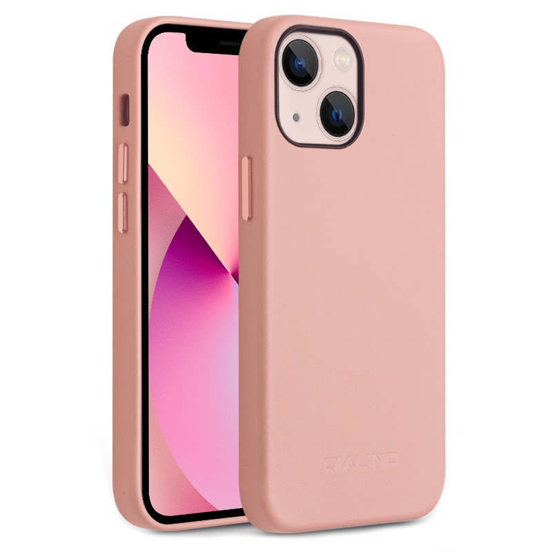 Husa slim pentru iPhone 13 Mini, cu MagSafe din piele naturala de vitel, tip back cover, Qialino, Pink