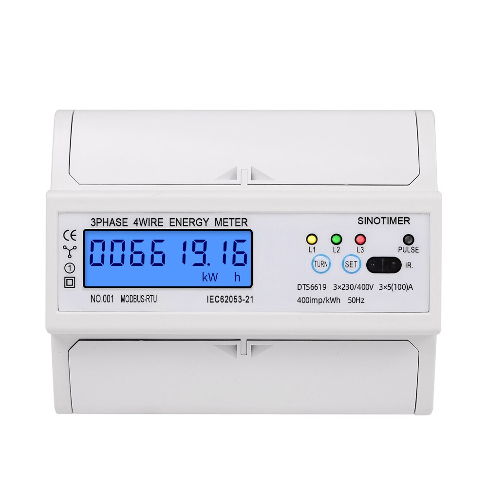 Contor trifazic de energie electrica, Sinotimer, 3x230/400V AC 50Hz, 3x5(100)A, ecran digital LED iluminat, DTS6619-016