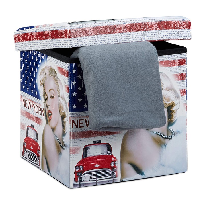 Taburet cu spatiu depozitare 40 L, Pliabil, 38 x 38 x 38 cm