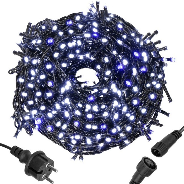 Karácsonyfa égősor - 300 LED, hideg fehér, kék vaku, 24m IP44