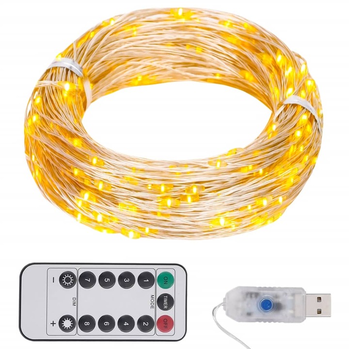 Instalatie LED vidaXL, 8 moduri de iluminare, Cu o conexiune USB, Alb cald, Metal, 15 m