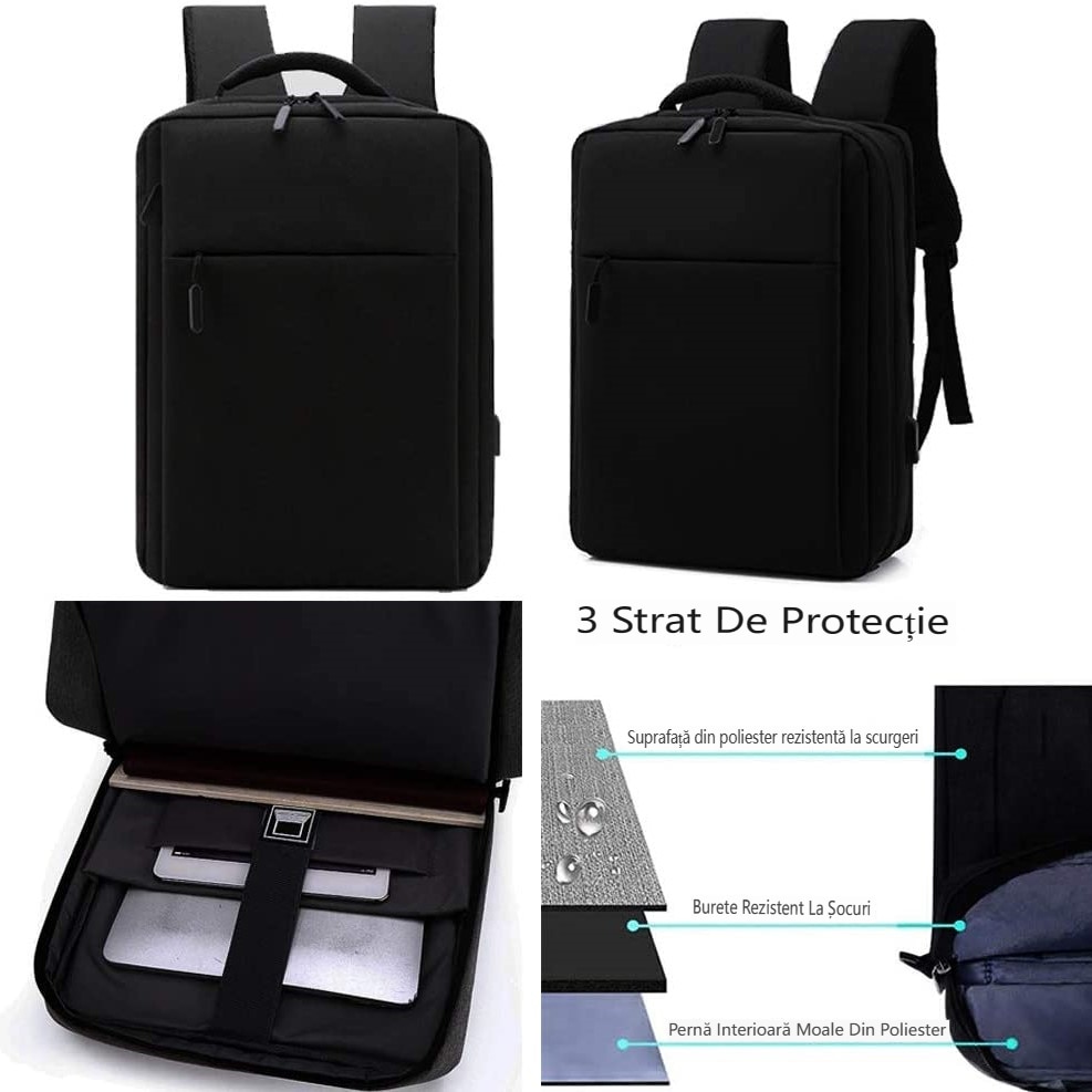 Rucsac pentru laptop, Port de Incarcare USB, Rezistenta la apa, 15,6 inchi, Negru