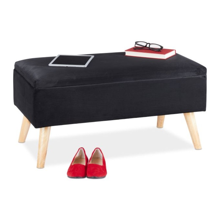 Banca cu spatiu de depozitare Relaxdays, 80 x 40 x 41, din catifea, picioare din lemn, 40 l, Negru