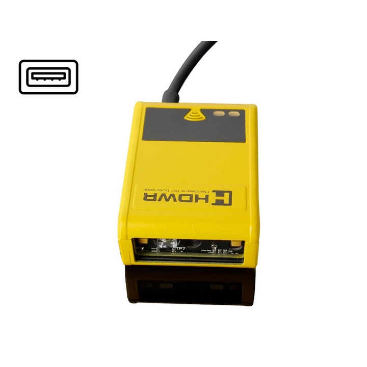 Scanner de coduri de bare QR cu fir, carcasa metalica robusta, scanner LCD, USB, manual si automat, stationar, rezistent la cadere, ideal pentru casele de marcat, citire precisa a codurilor, coduri Aztec, Prefix si Sufix, galben, HDWR HD201