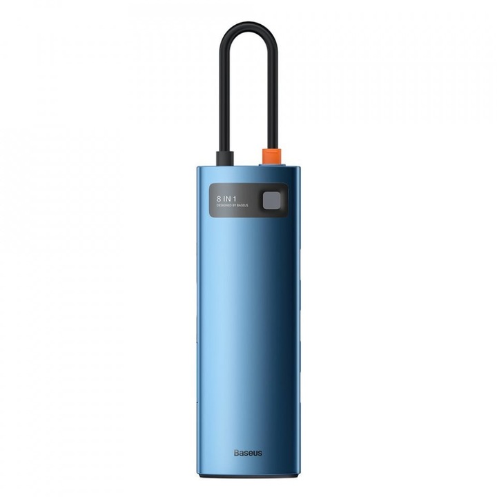 Baseus Metal Gleam 8in1 мултифункционален USB Type C хъб - USB Type C Power Delivery 100W / HDMI 4K 30Hz / четец на SD и microSD карти памет / 3x USB 3.2 Gen 1 / RJ45 1Gbps син (WKWG000103)