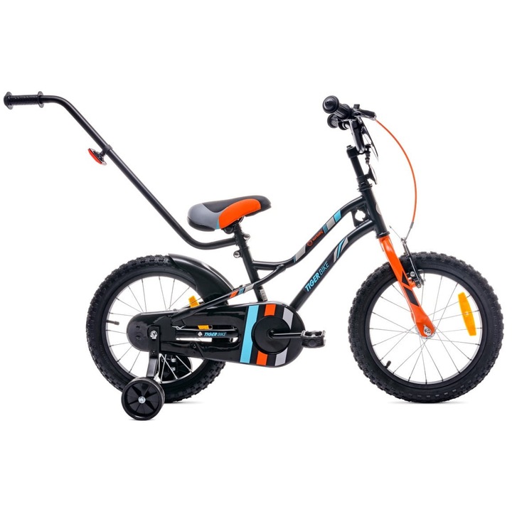 Bicicleta pentru baieti, Sun Baby, Tiger Bike, 16 inch, 112x50x75 cm, 4-6 ani, cadru din otel, cu maner de impins, roti ajutatoare, negru/galben/gri