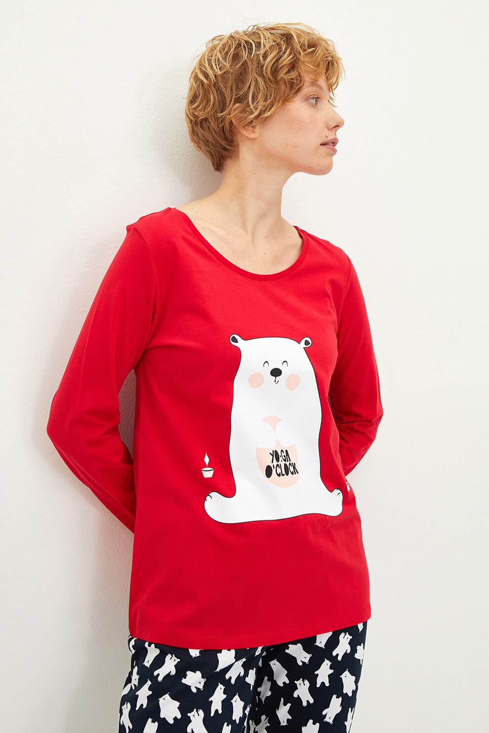 LC WAIKIKI, Pijama de bumbac cu imprimeu cu ursi, Rosu vermilion/Bleumarin/Alb, XL