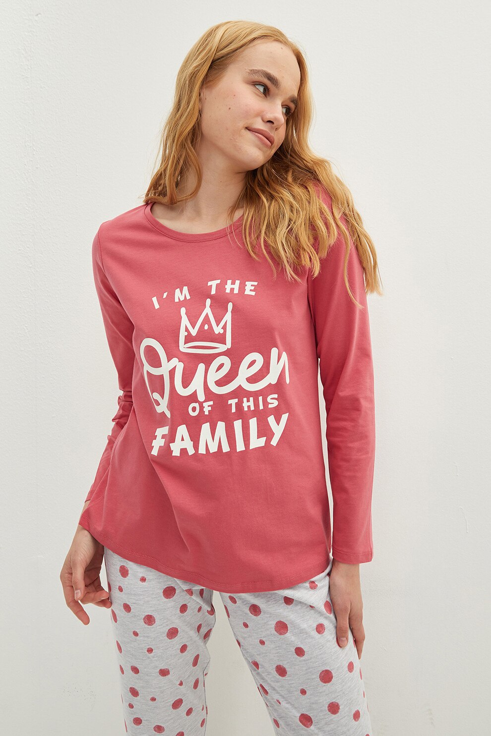 LC WAIKIKI, Pijama lunga cu imprimeu grafic, Corai/Gri