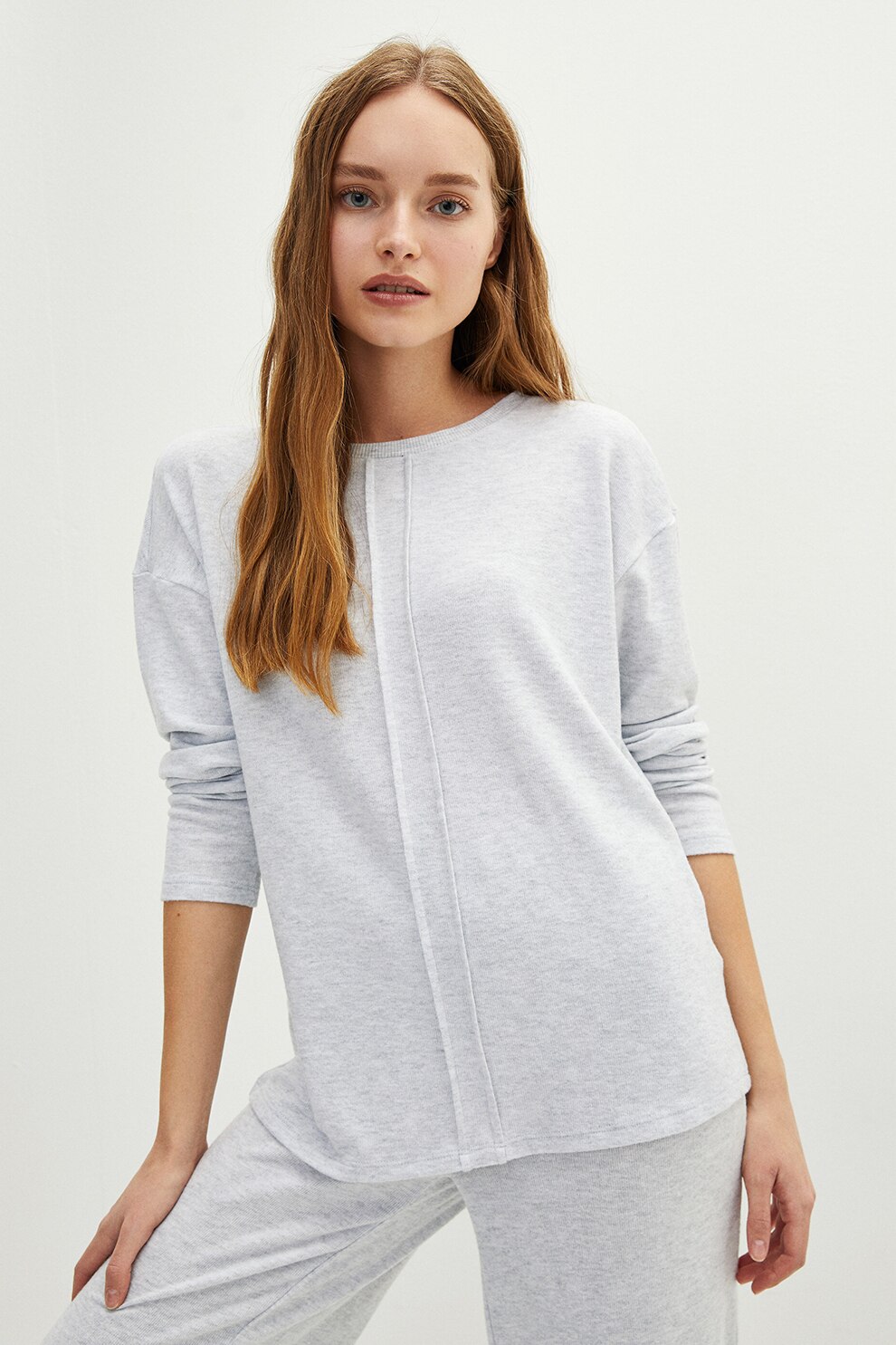 LC WAIKIKI, Bluza de pijama cu maneci cazute, Gri deschis melange